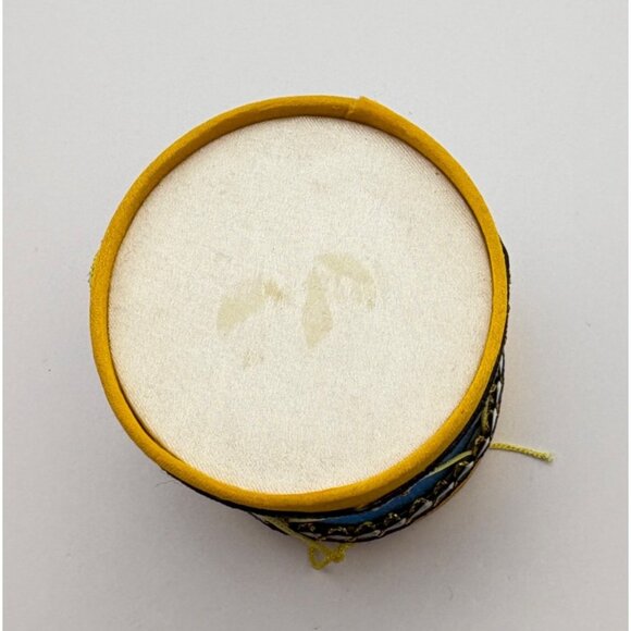 Vintage Drum Christmas Tree Ornament Jolly Santa Face Embroidery Blue and Gold - Picture 2 of 6